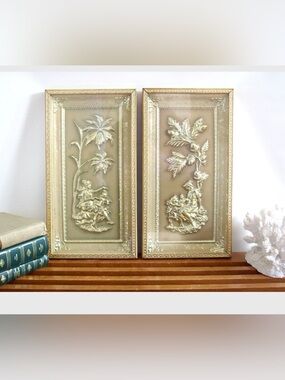 Ornate Gold Relief Wall Art Pair - Classic Panels, Vintage Hollywood Regency